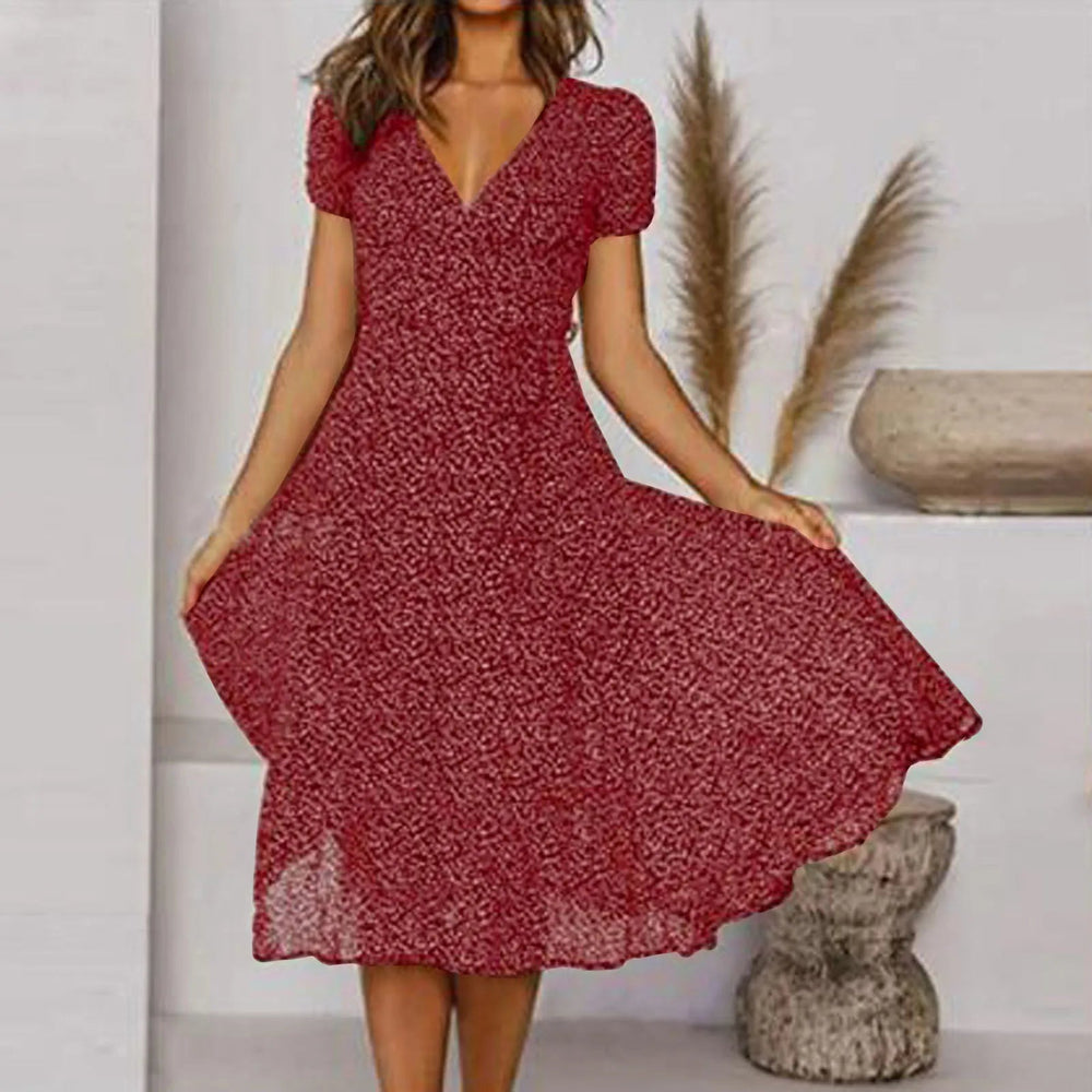 Bohemian   Short Sleeve V Neck Tie Waist A-Line Vacation For Holiday Sun Midi Dress Mssaz Desses