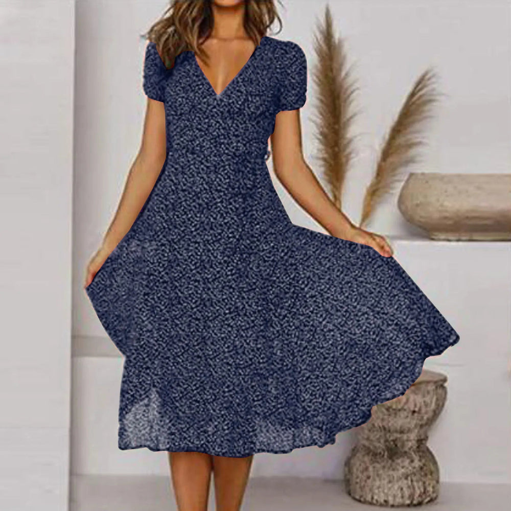 Bohemian   Short Sleeve V Neck Tie Waist A-Line Vacation For Holiday Sun Midi Dress Mssaz Desses