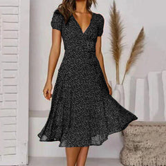 Bohemian   Short Sleeve V Neck Tie Waist A-Line Vacation For Holiday Sun Midi Dress Mssaz Desses