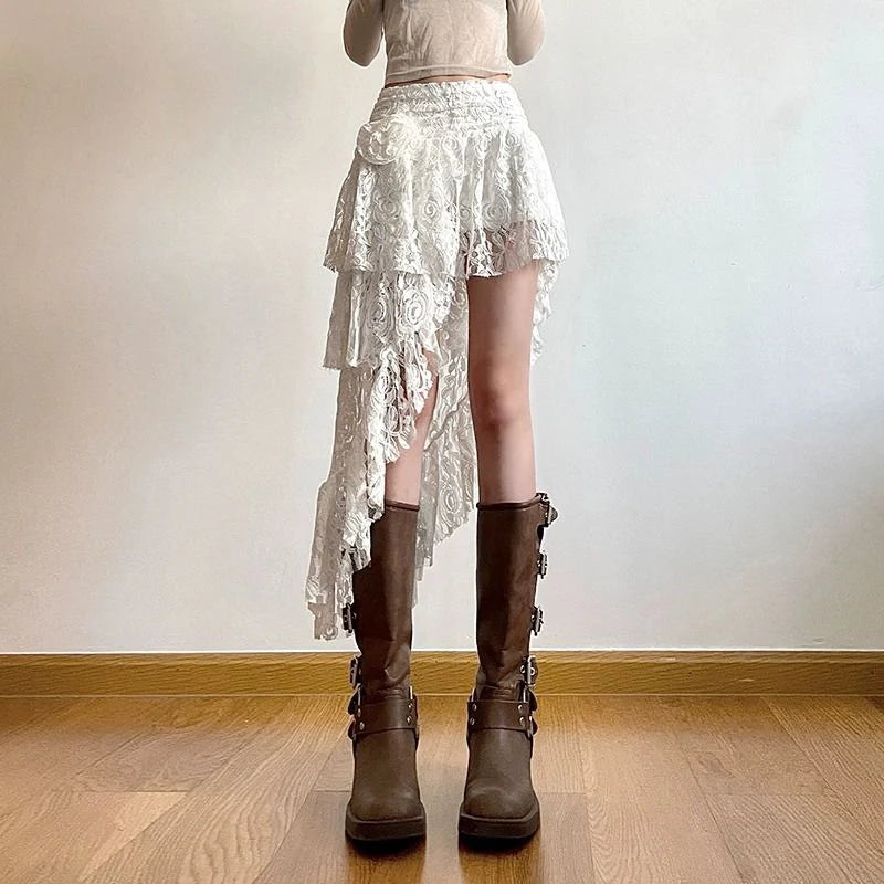 Bohemian Sweet Lace Skirt Elegant Irregular High Waist Vintage Casual Cute A Line Skirts Mssza