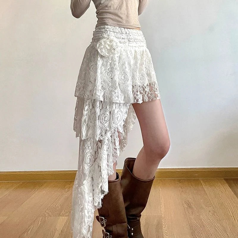 Bohemian Sweet Lace Skirt Elegant Irregular High Waist Vintage Casual Cute A Line Skirts Mssza