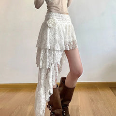 Bohemian Sweet Lace Skirt Elegant Irregular High Waist Vintage Casual Cute A Line Skirts Mssza