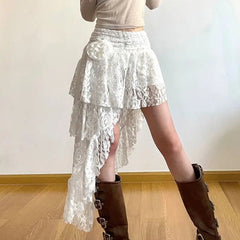 Bohemian Sweet Lace Skirt Elegant Irregular High Waist Vintage Casual Cute A Line Skirts Mssza