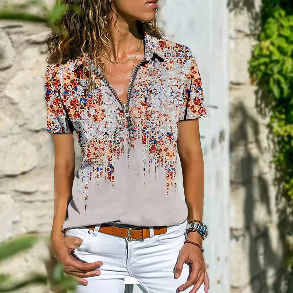 Bohemian Turn-down Collar Printing Pullover Office Lady Tops Mssza