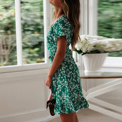 Boho Floral Print    V Neck Short Sleeve A Line Chiffon Beach Vacation Mini Dress Mssaz Desses