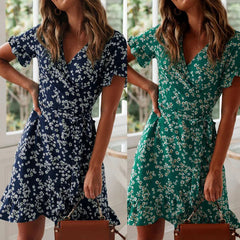 Boho Floral Print    V Neck Short Sleeve A Line Chiffon Beach Vacation Mini Dress Mssaz Desses