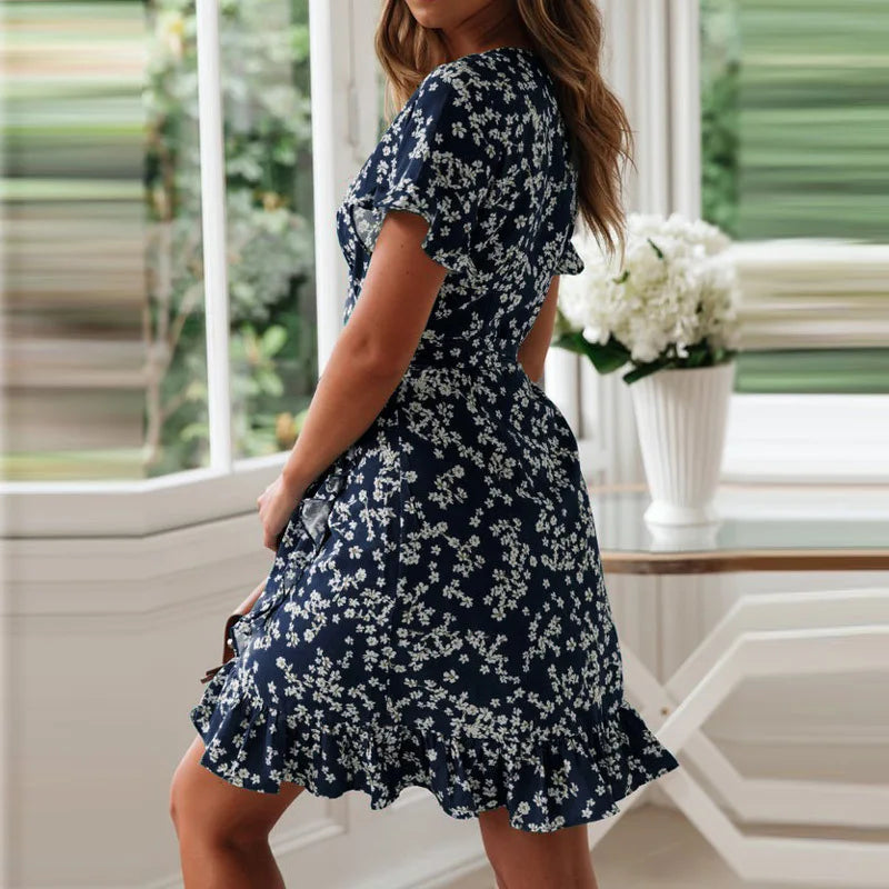 Boho Floral Print    V Neck Short Sleeve A Line Chiffon Beach Vacation Mini Dress Mssaz Desses