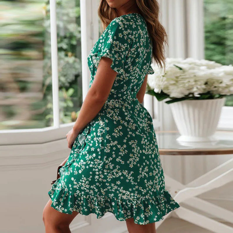 Boho Floral Print    V Neck Short Sleeve A Line Chiffon Beach Vacation Mini Dress Mssaz Desses