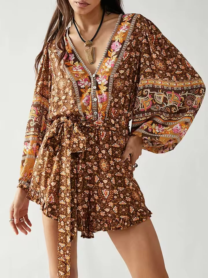 Boho Inspired Vintage Floral Print Long Sleeve Belted Jumpsuit Mssza