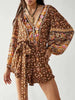 Boho Inspired Vintage Floral Print Long Sleeve Belted Jumpsuit Mssza