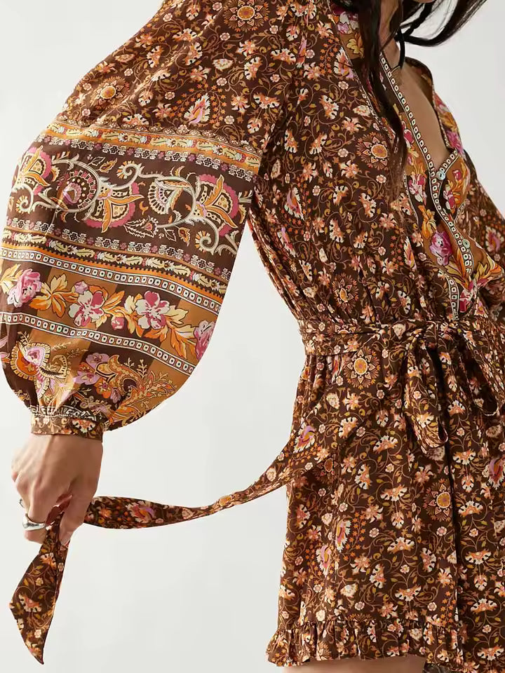 Boho Inspired Vintage Floral Print Long Sleeve Belted Jumpsuit Mssza