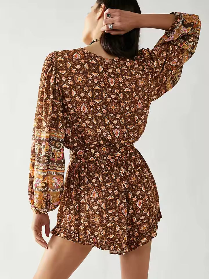 Boho Inspired Vintage Floral Print Long Sleeve Belted Jumpsuit Mssza