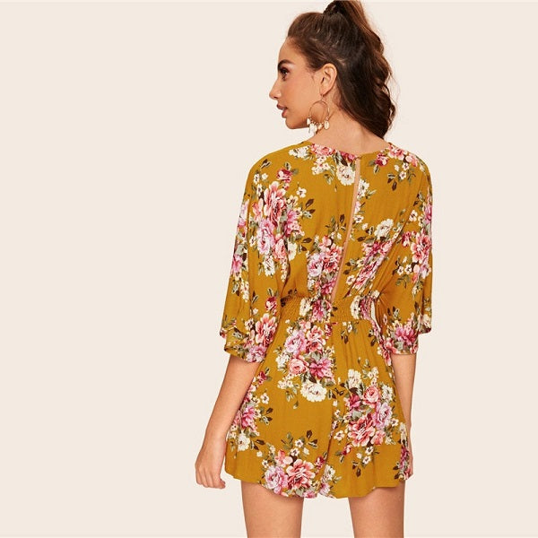 Boho Plunge Neck Split Back Floral Print Kimono Romper Mssza