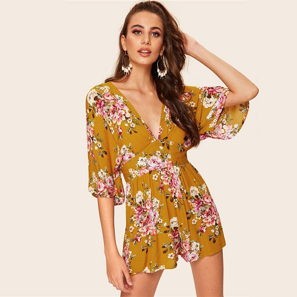 Boho Plunge Neck Split Back Floral Print Kimono Romper Mssza