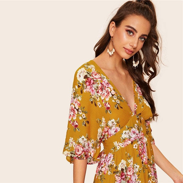 Boho Plunge Neck Split Back Floral Print Kimono Romper Mssza