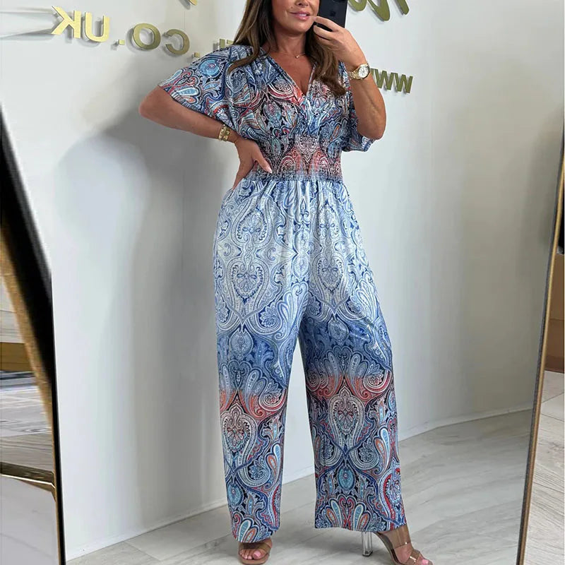 Boho Retro V-Neck Chic Batwing Sleeve Pattern Print High Waist Wide Leg Pant Jumpsuit Mssza