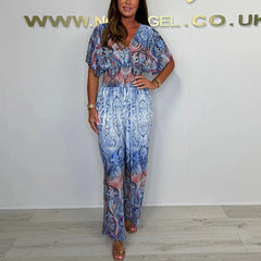 Boho Retro V-Neck Chic Batwing Sleeve Pattern Print High Waist Wide Leg Pant Jumpsuit Mssza