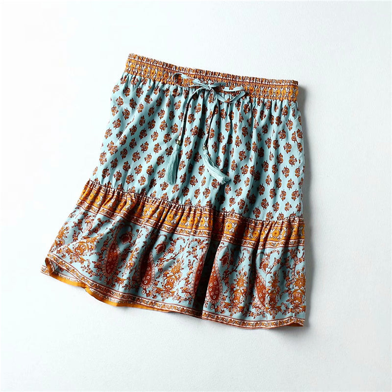Boho Style High Elastic Waist Rayon A-Line Short Skirt Mssza