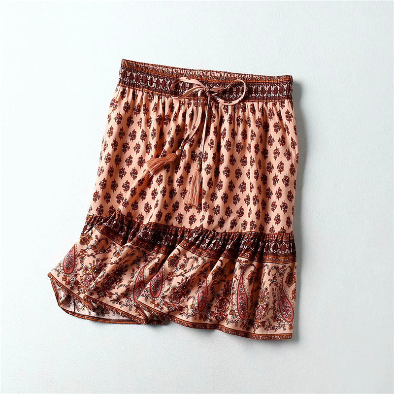 Boho Style High Elastic Waist Rayon A-Line Short Skirt Mssza