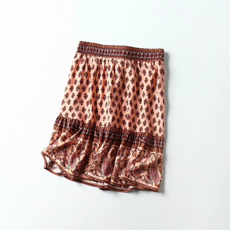 Boho Style High Elastic Waist Rayon A-Line Short Skirt Mssza