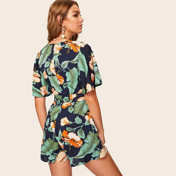 Boho Tropical Print Self Belted Wrap Romper Mssza