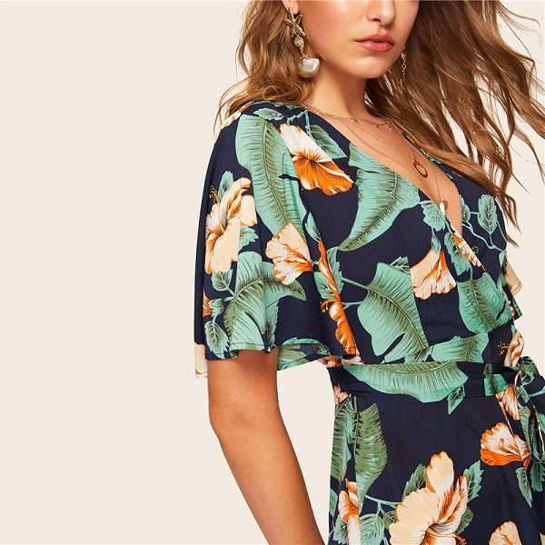 Boho Tropical Print Self Belted Wrap Romper Mssza