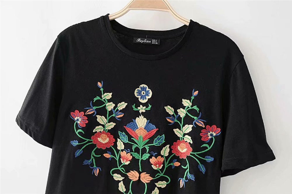 Boho vintage chic floral embroidery short sleeve t-shirt Mssza