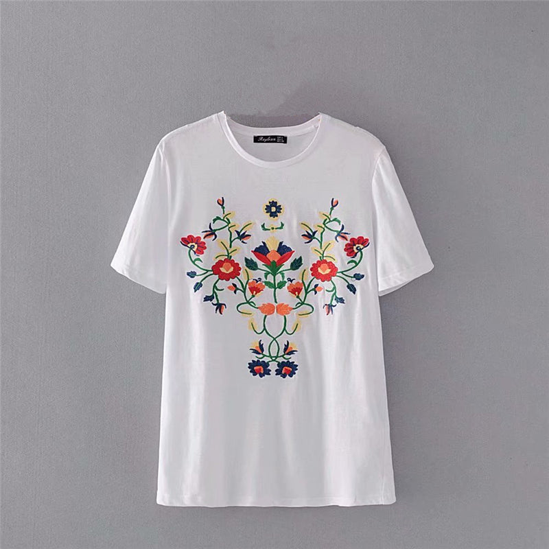 Boho vintage chic floral embroidery short sleeve t-shirt Mssza