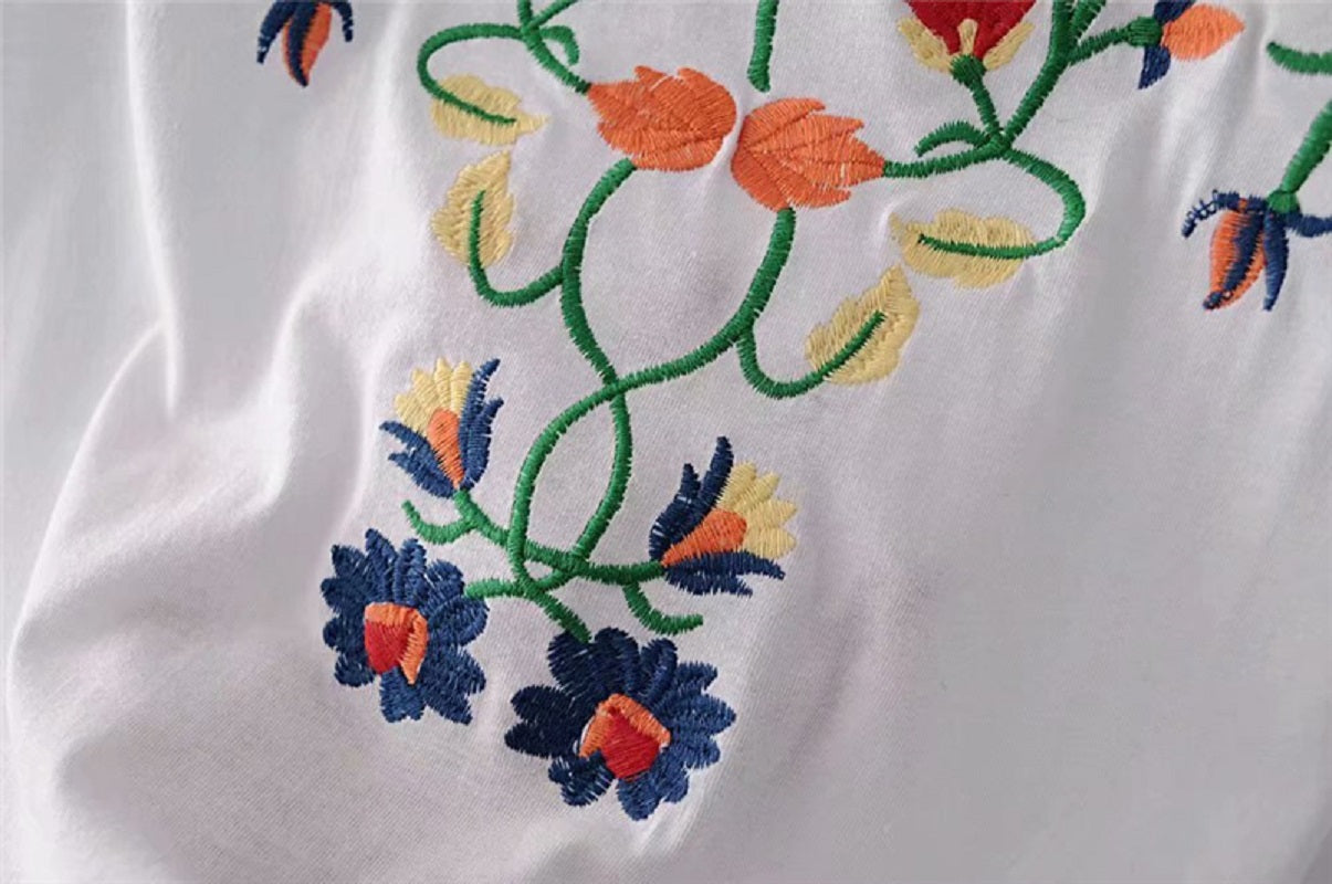 Boho vintage chic floral embroidery short sleeve t-shirt Mssza