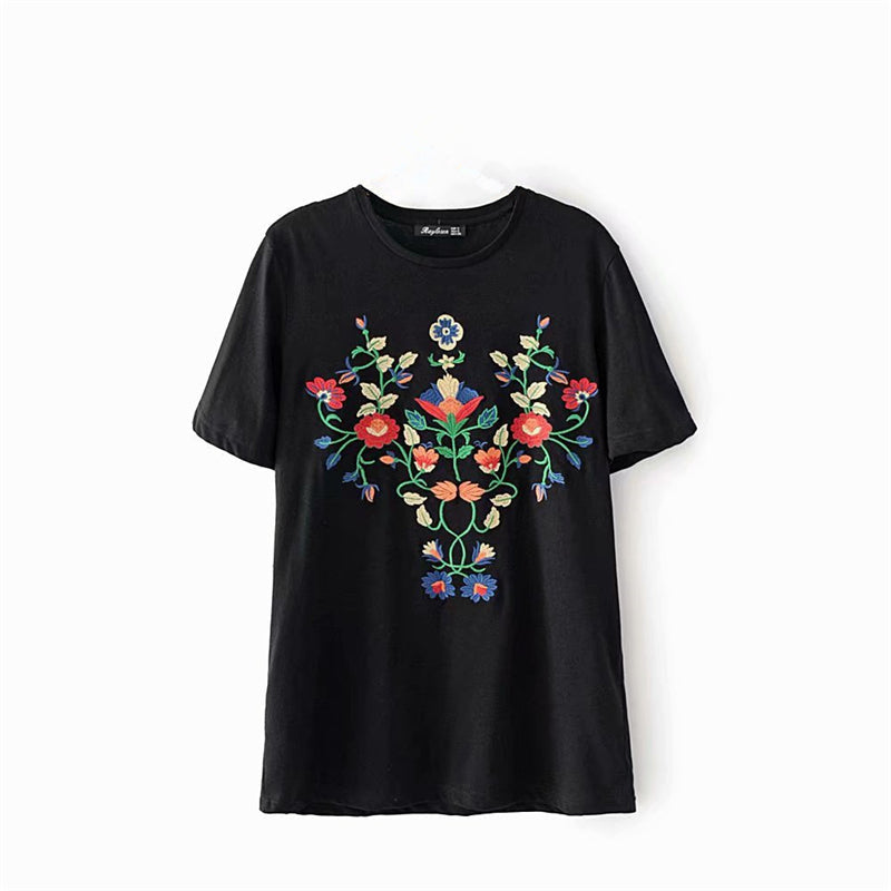 Boho vintage chic floral embroidery short sleeve t-shirt Mssza