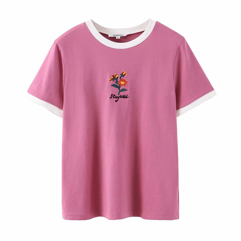Boho vintage chic floral embroidery short sleeve boho t-shirt Mssza