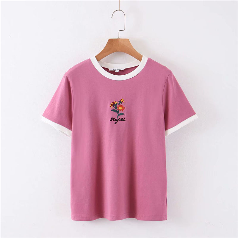 Boho vintage chic floral embroidery short sleeve boho t-shirt Mssza