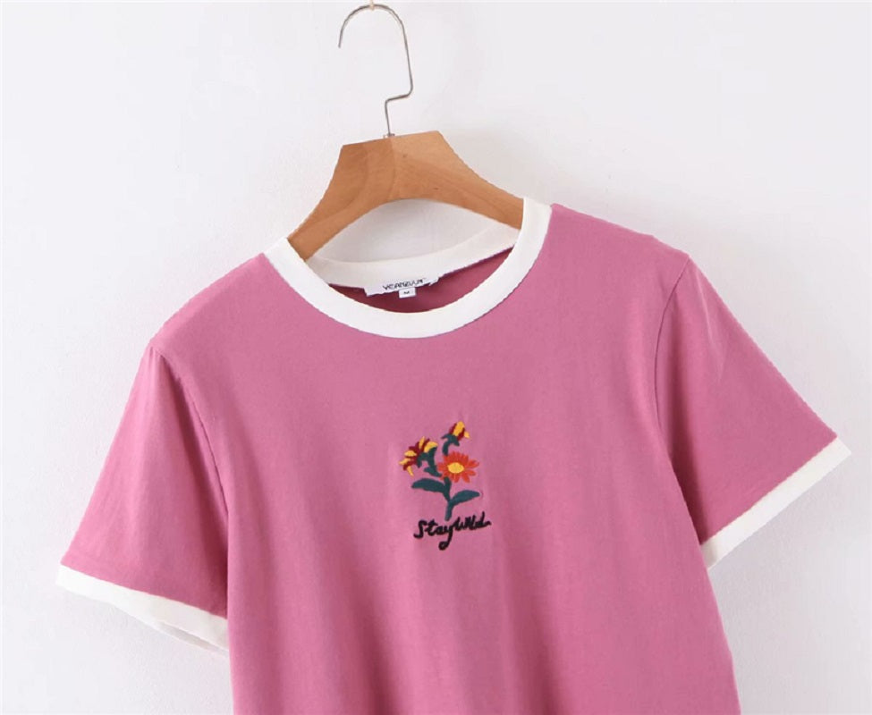 Boho vintage chic floral embroidery short sleeve boho t-shirt Mssza