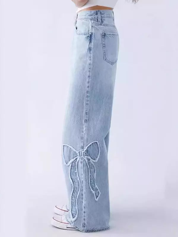 Bow Embroidered Jeans High Street Style Wide Leg Denim Pants Mssza