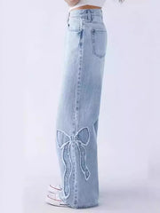 Bow Embroidered Jeans High Street Style Wide Leg Denim Pants Mssza