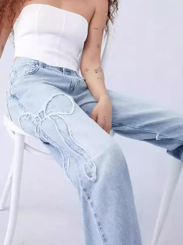 Bow Embroidered Jeans High Street Style Wide Leg Denim Pants Mssza