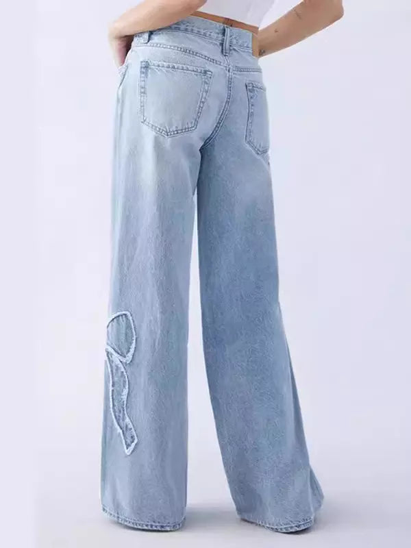 Bow Embroidered Jeans High Street Style Wide Leg Denim Pants Mssza