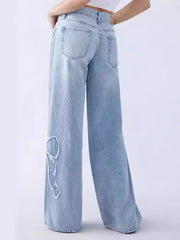 Bow Embroidered Jeans High Street Style Wide Leg Denim Pants Mssza