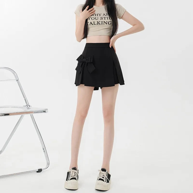 Bow Irregular Mini Skirts High Waisted Slim Slit A-line Skirt Shorts Sweet Girl Casual All-match Mssza
