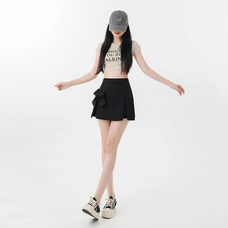 Bow Irregular Mini Skirts High Waisted Slim Slit A-line Skirt Shorts Sweet Girl Casual All-match Mssza