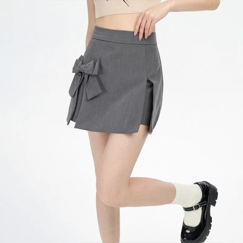 Bow Irregular Mini Skirts High Waisted Slim Slit A-line Skirt Shorts Sweet Girl Casual All-match Mssza