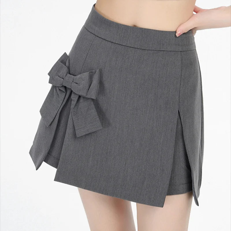 Bow Irregular Mini Skirts High Waisted Slim Slit A-line Skirt Shorts Sweet Girl Casual All-match Mssza