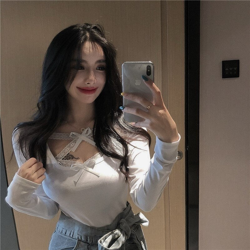 Bow Lace Cross Knit Bottoming Slim Long-Sleeved Short T-Shirt Mssza