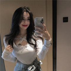 Bow Lace Cross Knit Bottoming Slim Long-Sleeved Short T-Shirt Mssza