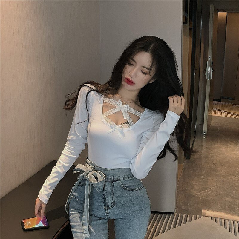 Bow Lace Cross Knit Bottoming Slim Long-Sleeved Short T-Shirt Mssza