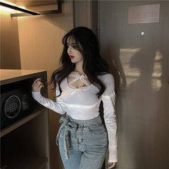 Bow Lace Cross Knit Bottoming Slim Long-Sleeved Short T-Shirt Mssza