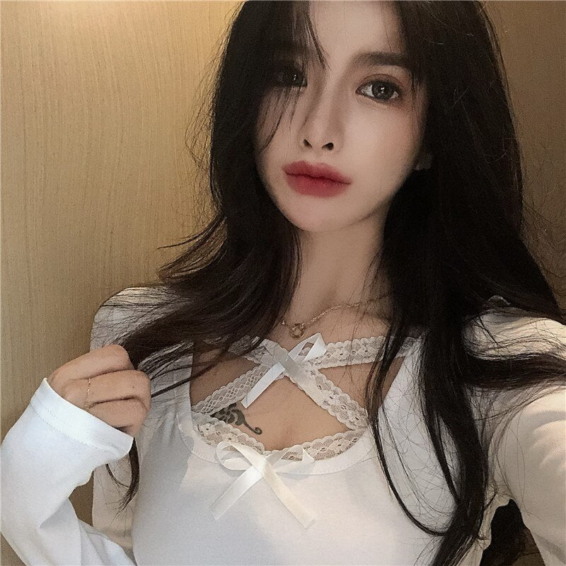 Bow Lace Cross Knit Bottoming Slim Long-Sleeved Short T-Shirt Mssza