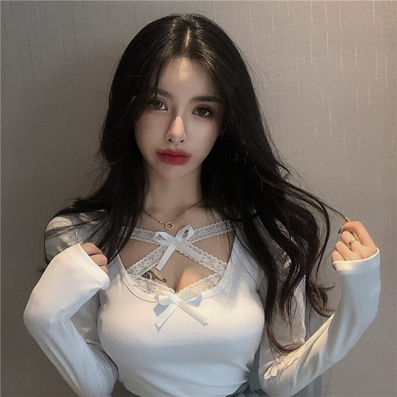 Bow Lace Cross Knit Bottoming Slim Long-Sleeved Short T-Shirt Mssza