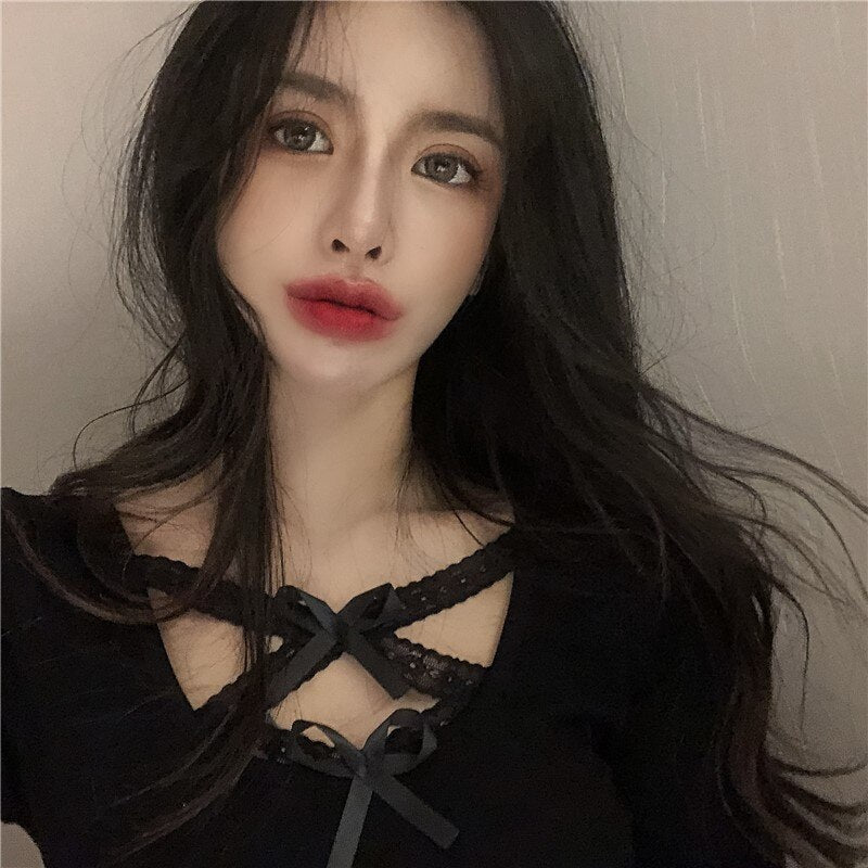 Bow Lace Cross Knit Bottoming Slim Long-Sleeved Short T-Shirt Mssza