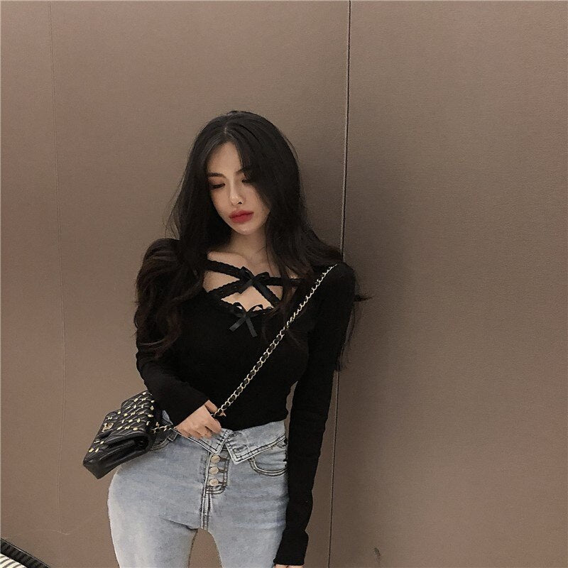 Bow Lace Cross Knit Bottoming Slim Long-Sleeved Short T-Shirt Mssza